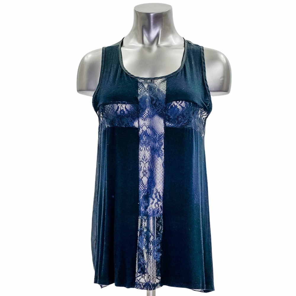 ISSI Black Sheer Mesh Lace Sleeveless High Low Tank Top Blouse